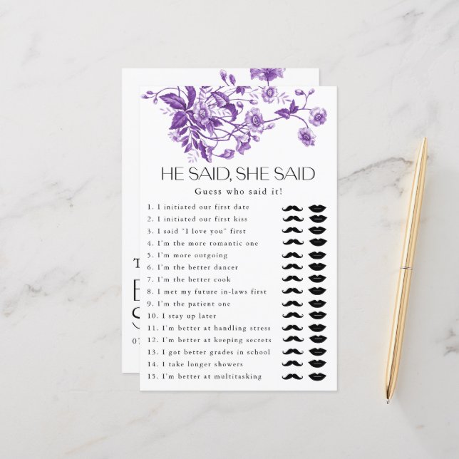 French Toile Floral He Said She Said Bridal Game  (Front/Back In Situ)