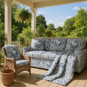 French Toile Landscape Island Blue White Vintage  Fabric