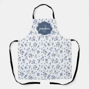 French Toile Monogram Name Watercolor Blue Pattern Apron