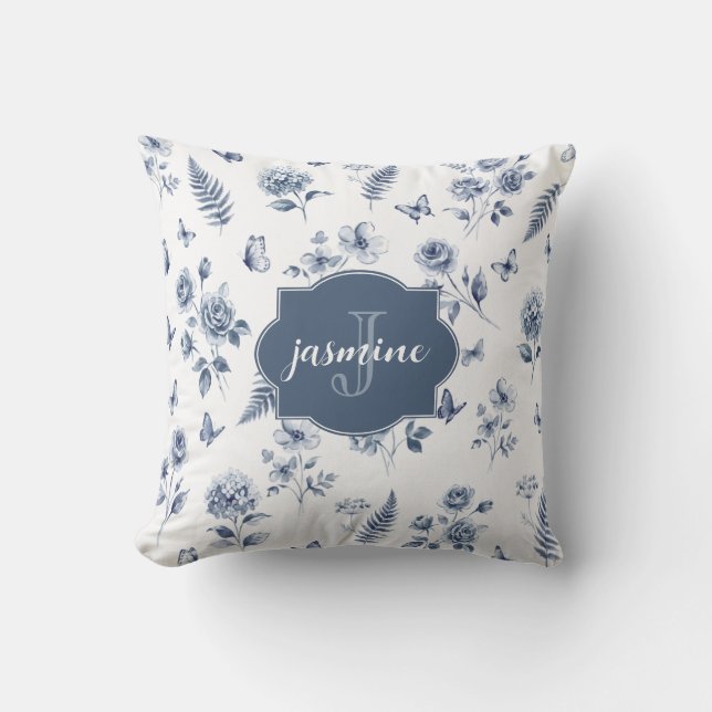 French Toile Monogram Name Watercolor Blue Pattern Cushion (Front)
