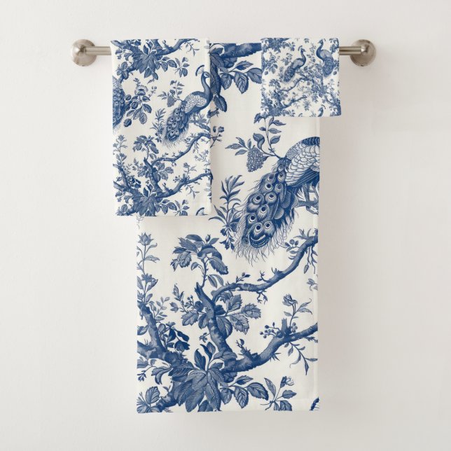 French Toile Peacock Pattern Bath Towel Set (Insitu)