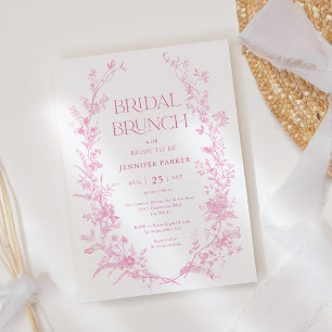 French Toile Pink Floral Bridal Brunch  Invitation