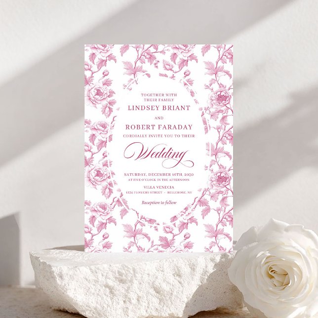 French Toile Roses Blush Pink Wedding Invitation (French Toile Roses Blush Pink Wedding Invitation)