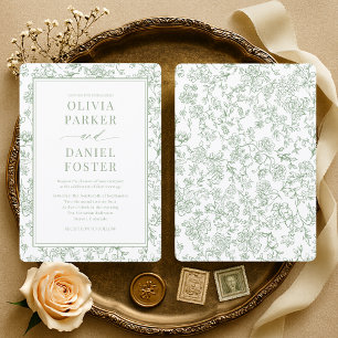 French Toile Sage Green Elegant Wedding Invitation