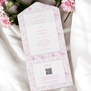 French Toile Vintage Pink Floral Wedding  All In One Invitation