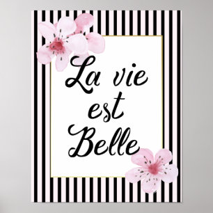 French Typography Black and Pink Striped Blossoms Poster