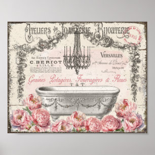 French Victorian Bathtub Peonies Chandelier Poster