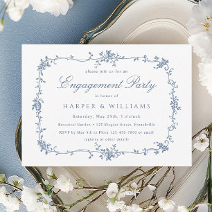 French Victorian Blue Floral Engagement Party Invitation
