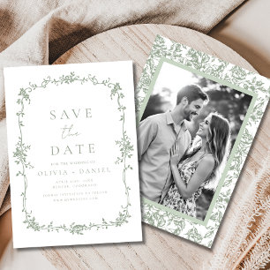 French Victorian Floral Sage Green Photo Wedding Save The Date