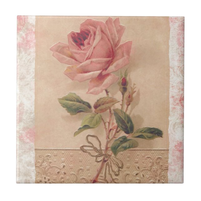 French Victorian Pink Rose Ceramic Tile (Front)