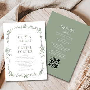 French Victorian Sage Green All in One Wedding  Invitation