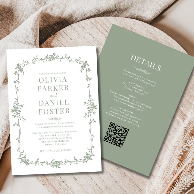 French Victorian Sage Green All in One Wedding  Invitation (Creator Uploaded)