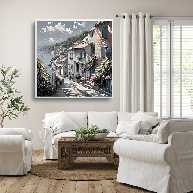 French Village Summer Landscape by the Sea Poster  (French Village Summer Landscape by the Sea Poster Mockup 1)