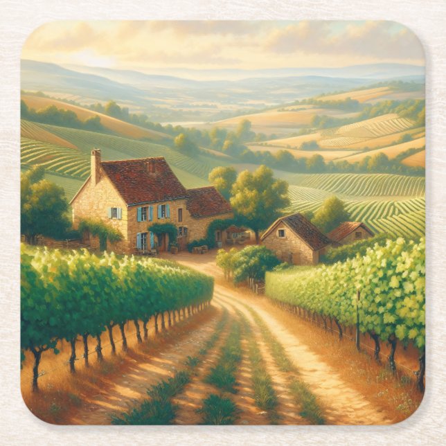 French Vineyard Oil Painting Decoupage Square Paper Coaster (Front)