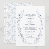 French Vintage Blue Floral Wedding Invitation