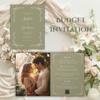 French Vintage Budget Photo Sage Wedding Invitation