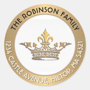 French Vintage Crown Metallic Gold Return Address Classic Round Sticker