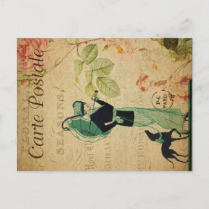 French Vintage Ephemera Woman Whippet Dog Floral  Postcard