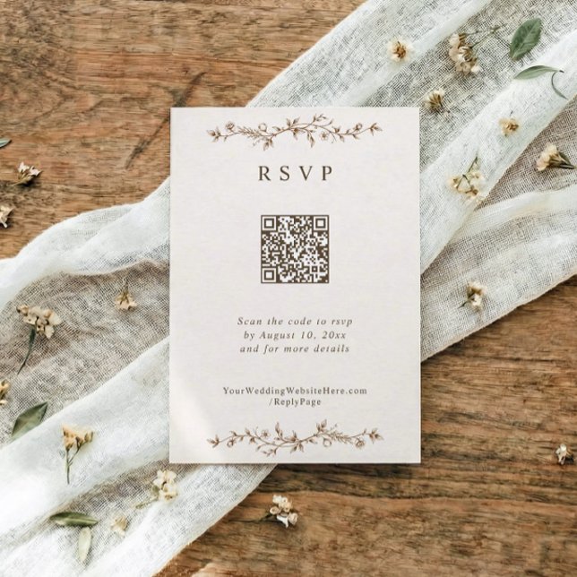 French Vintage Floral Brown Wedding RSVP Card (Elegant brown wedding QR RSVP card with Victorian floral chinoiserie toile de jouy frame)