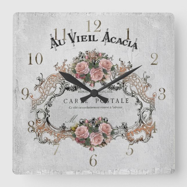 French vintage frame with roses square wall clock (Front)