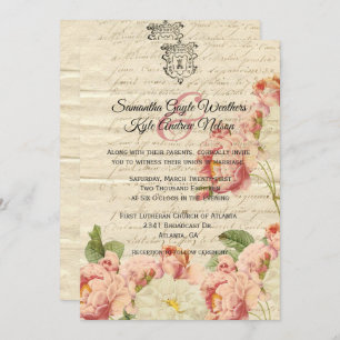 French Vintage Letter and Roses Wedding Invitation