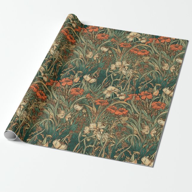 French, vintage, nouveau inspired wildflowers wrapping paper (Unrolled)