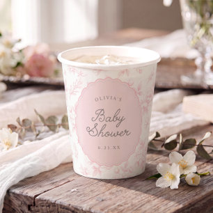 French Vintage Pink Floral Scalloped Baby Shower Paper Cups