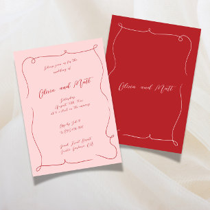 French Whimsy Script Wedding Invite Red Pink
