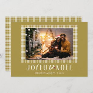 French White Gold Tartan Joyeux Noël Custom Photo Holiday Card