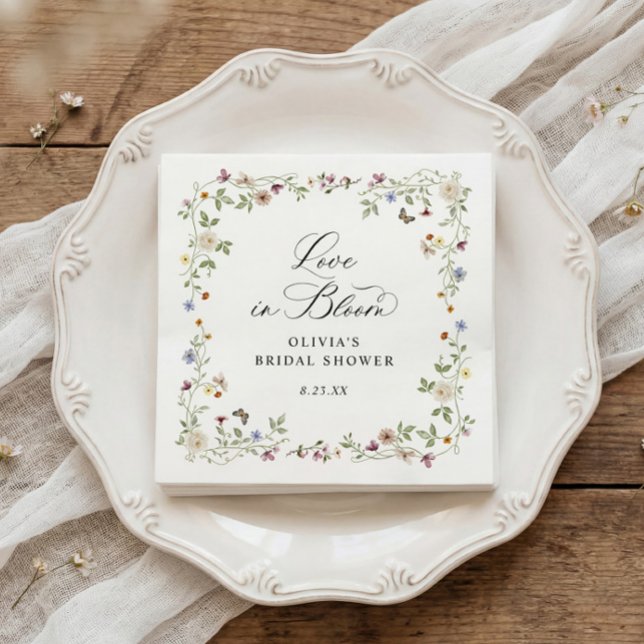 French Wildflower Love in Bloom Bridal Shower Napkin (Bridal shower napkins with French wildflower design and love is in bloom floral script)