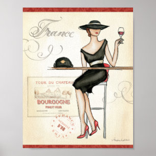 French Woman Drinking Red Wine Poster