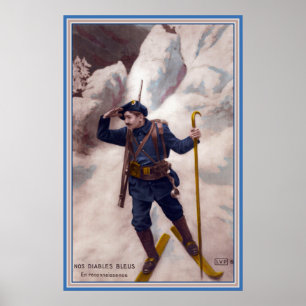 French WWI Soldier on Skis in the Alps Blue Devils Poster