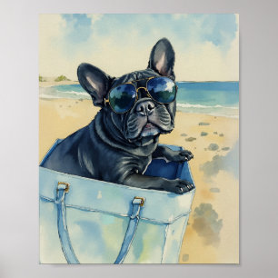 Frenchie at the Beach Watercolor Poster