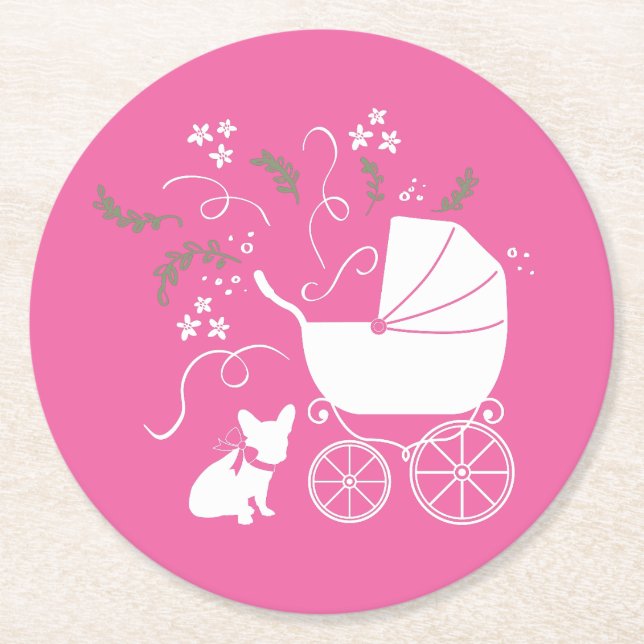 Frenchie Baby Shower French Bulldog Pink Round Paper Coaster (Front)