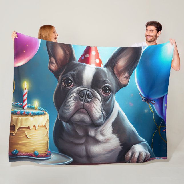 Frenchie Birthday Bash: A Cute French Bulldog Fleece Blanket (In Situ)