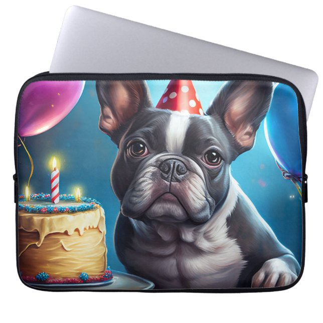 Frenchie Birthday Bash: A Cute French Bulldog Laptop Sleeve (Front)