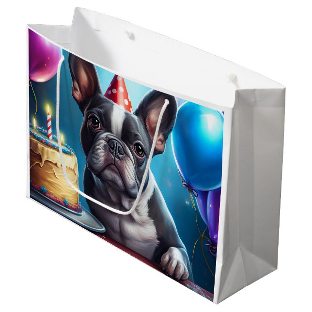 Frenchie Birthday Bash: A Cute French Bulldog Large Gift Bag (Front Angled)