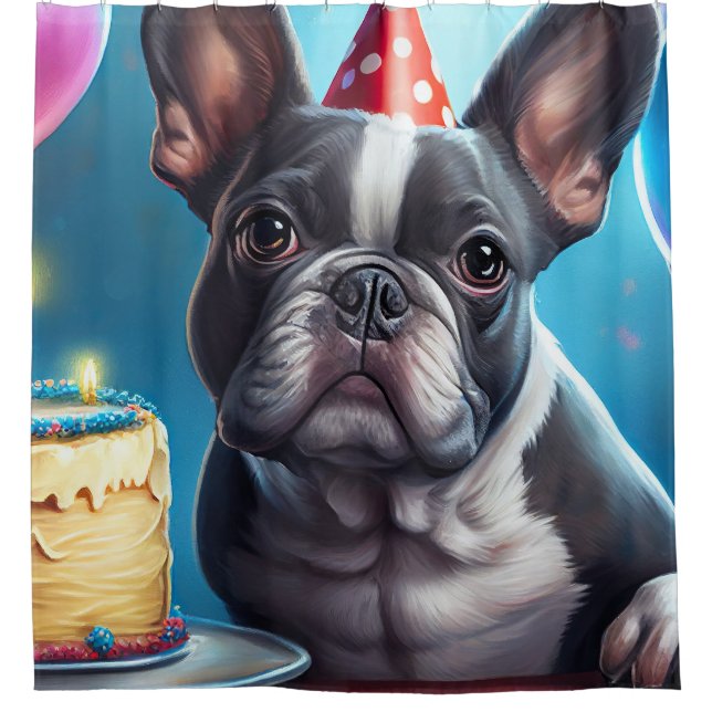 Frenchie Birthday Bash: A Cute French Bulldog Shower Curtain (Front)