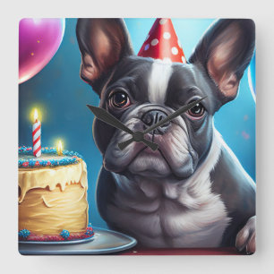 Frenchie Birthday Bash: A Cute French Bulldog Square Wall Clock