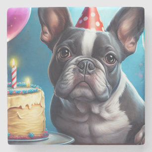 Frenchie Birthday Bash: A Cute French Bulldog Stone Coaster