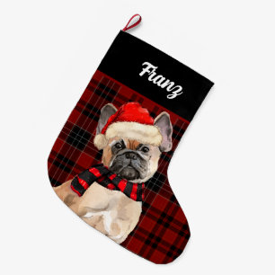 Frenchie Bulldog and Red Plaid with Dog's Name Lar Large Christmas Stocking