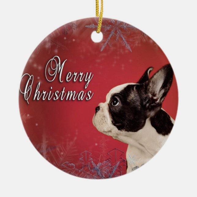 Frenchie Christmas card Ceramic Tree Decoration (Front)