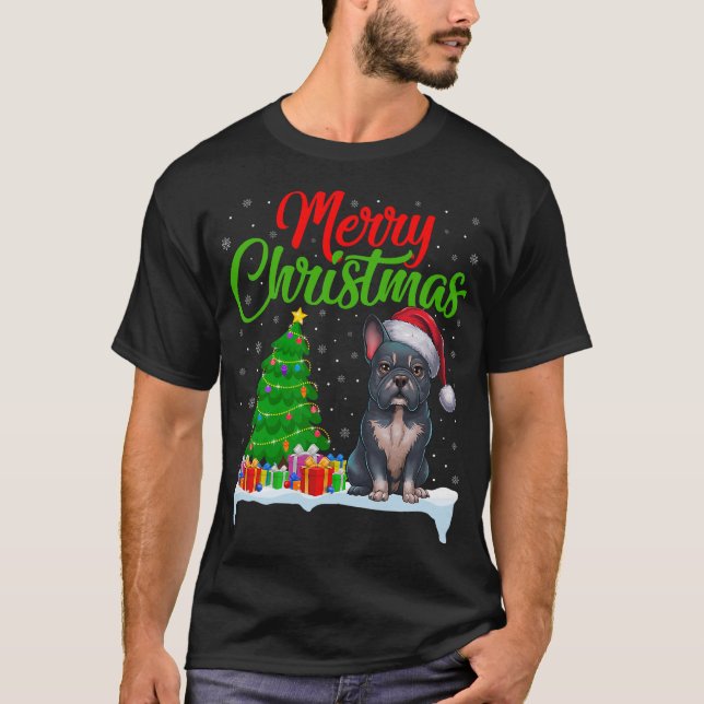 Frenchie Dog Christmas Tree Lights Xmas Frenchie T-Shirt (Front)