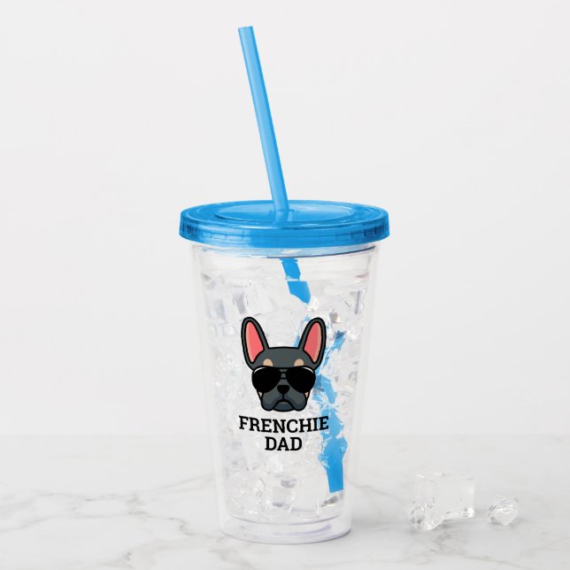 Frenchie Dog Dad Blue and Tan French Bulldog Acrylic Tumbler (Front Ice)