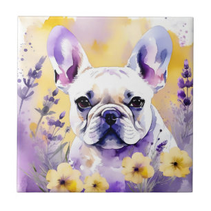Frenchie Dog Portrait With Wildflowers Ceramic Tile