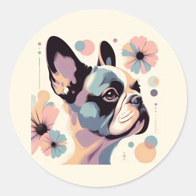 Frenchie Floral Vibes Classic Round Sticker (Front)