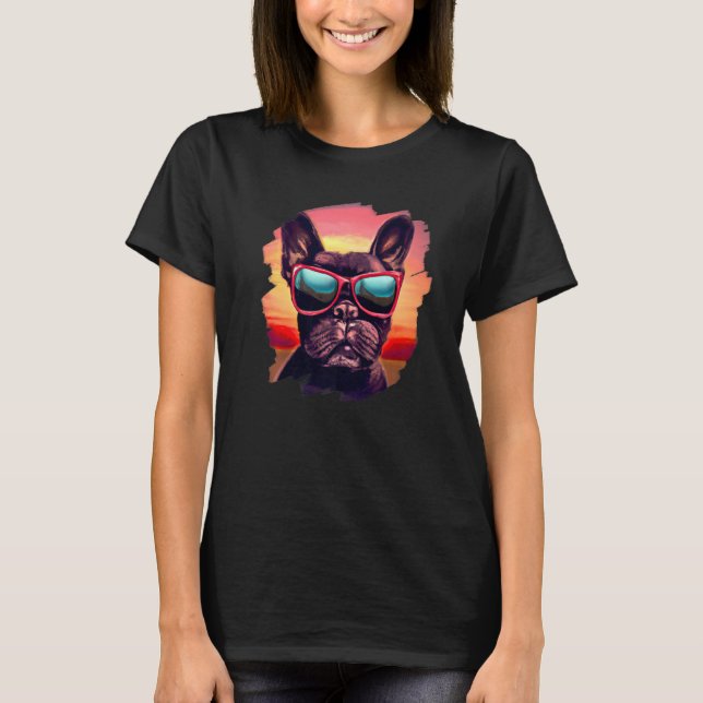 Frenchie French Bulldog Sunglasses Dog Sunset Vint T-Shirt (Front)