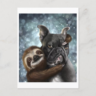 Frenchie getting a Sloth hug! Postcard