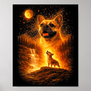 Frenchie howling to the moon vintage mystical dog poster