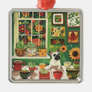 Frenchie in Boho Garden Tea Room Metal Ornament